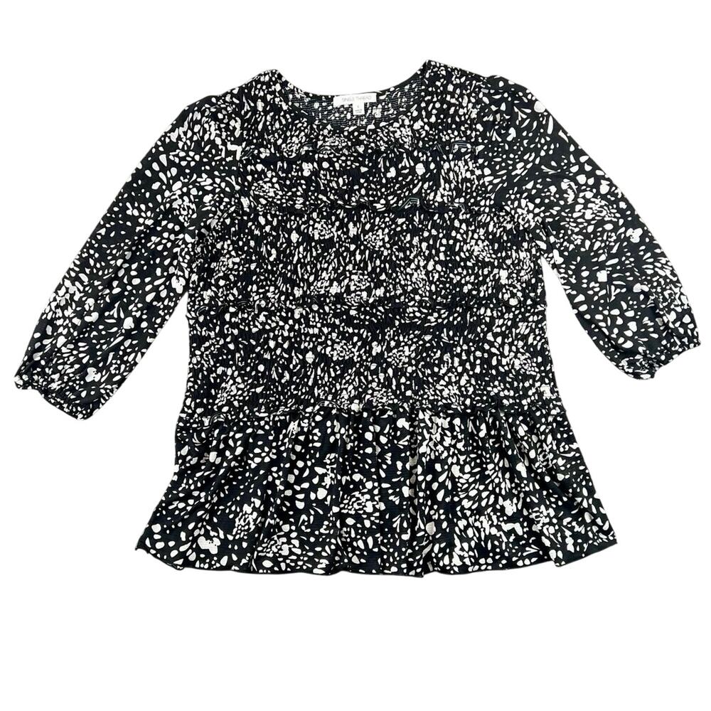 Single Thread Black & White Smocked Peplum Tunic Blouse Boho Ruffle Top - L